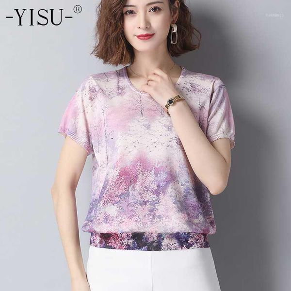

yisu summer t-shirts women 2020 new o-neck short sleeve fashion print pullover ice silk breathable knitted t-shirt tees1, White