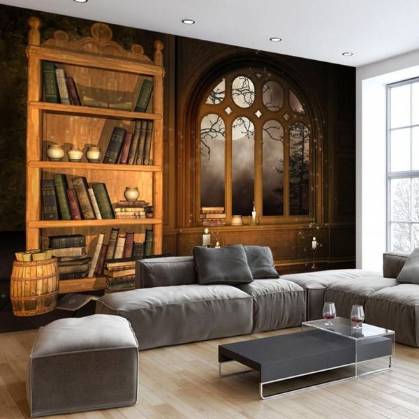 

dropship p wallpaper european retro nostalgic library bookshelf mural custom book background wall fresco decorative1