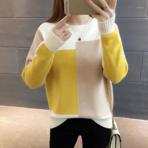 

sweater women winter warm knitted pullover loose sweater contrasting colors long sleeve round neck sweaters for women1, White;black