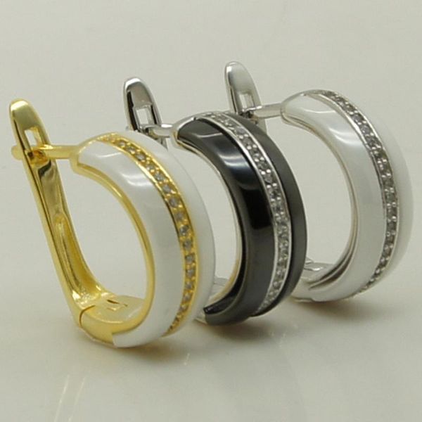 

hoop & huggie women girl elegant cz stone settting on steel scratch proof ceramic earring 1pair, Golden;silver