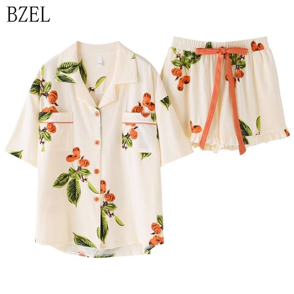 BZEL Floral Sleepwear Pigiama da donna Set New Cotton Pijama con tasche Pigiama Femme Qualità Ladies Home Suit Abbigliamento per la casa Y200708
