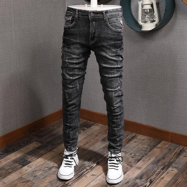 

italian style fashion men jeans black gray color slim fit ripped jeans men denim pants streetwear hip hop, Blue