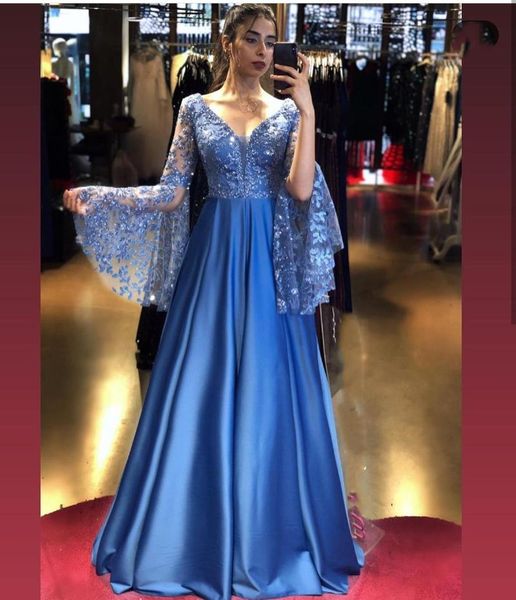 

party dresses sparkle blue evening dress flare sleeve a-line satin lace appliques v-neck backless floor length court train prom gown, White;black