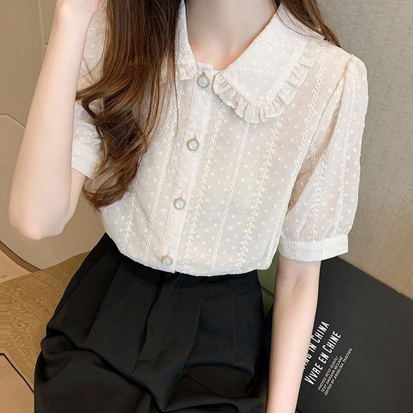 

chikichi 2021 new boutique shirt ladies summer fashion casual ruffled chiffon shirt doll collar girl blouse short sleeves, White