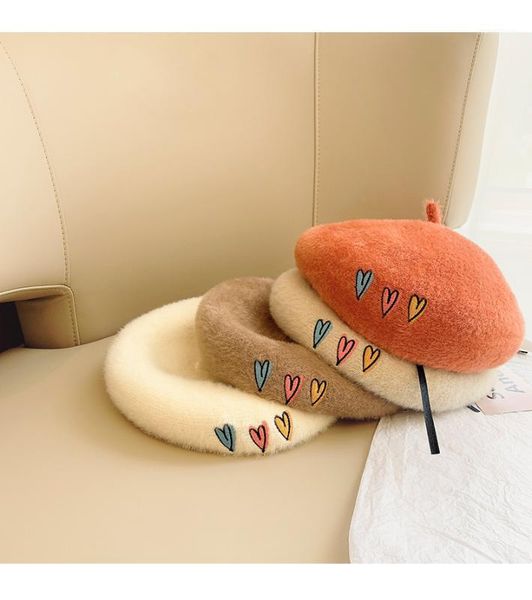 

kids wool winter warm fuzzy mink hair baret hats cute heart embroidery berets hat for girls painter cap french cap gorras1, Blue;gray