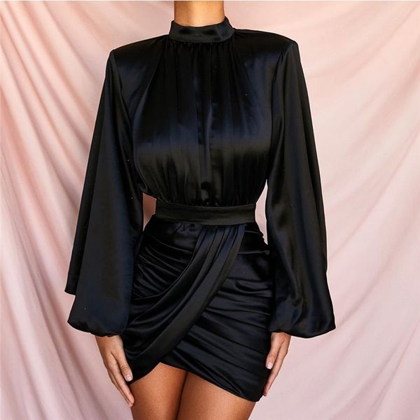 

garden lustrous black satin dress women turtleneck long lantern sleeve elegant party dress vintage draped ruched dress y200805, Black;pink