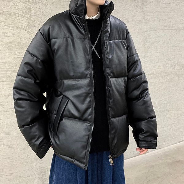 

winter new parka men jacket pu fabric loose cotton padded for men's clothing faux leather coat, Black