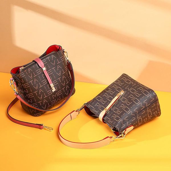 

2020 new arrival fashion letter printing leather women shoulder & crossbody bag classical brown vogue bucket female tote
