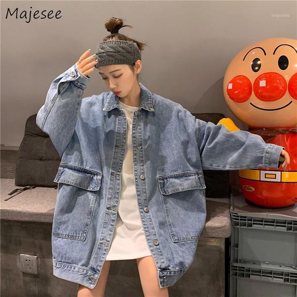 

jackets women classic denim loose coat womens outwear big pockets turn-down collar harajuku korean style all-match chic casual1, Black;brown