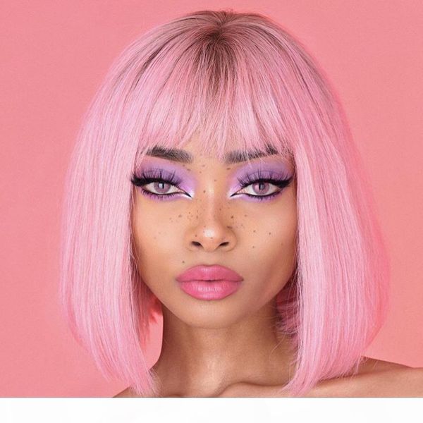 

lace front human hair wigs with bangs brazilian remy glueless ombre pink short bob wigs for black women, Black;brown