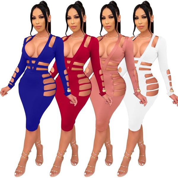 

felyn 2020 ins internet celebrity famous dress solid hollow out v-neck long sleeve celebrity party midi dress vestidos, Black;gray