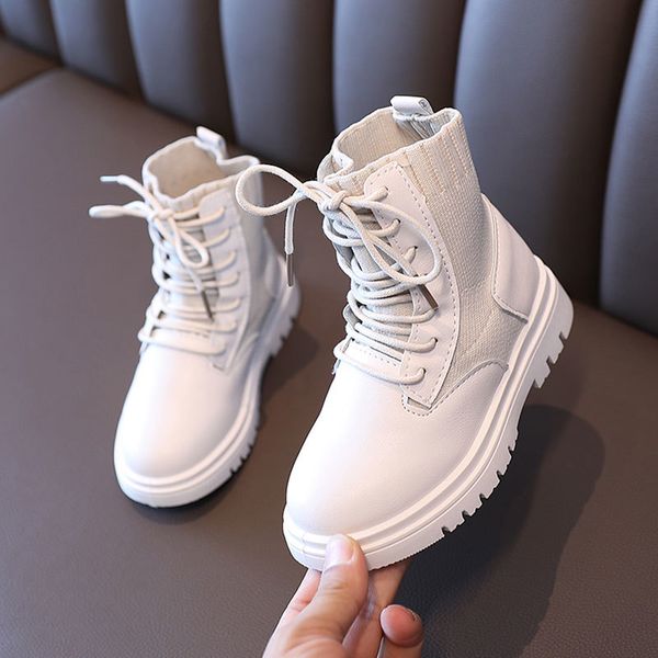 

2020 fall child lace-up ankle black kids pu knitted patchwork short boots boy girl spring autumn shoes size 26-37 beige, Black;red