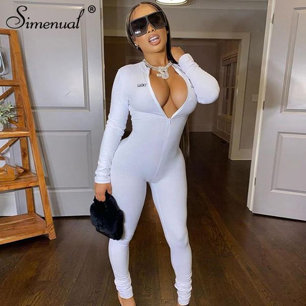 

casual sporty letter printed rompers womens jumpsuit long sleeve workout zipper fitness bodycon jumpsuits lucky label, Black;white