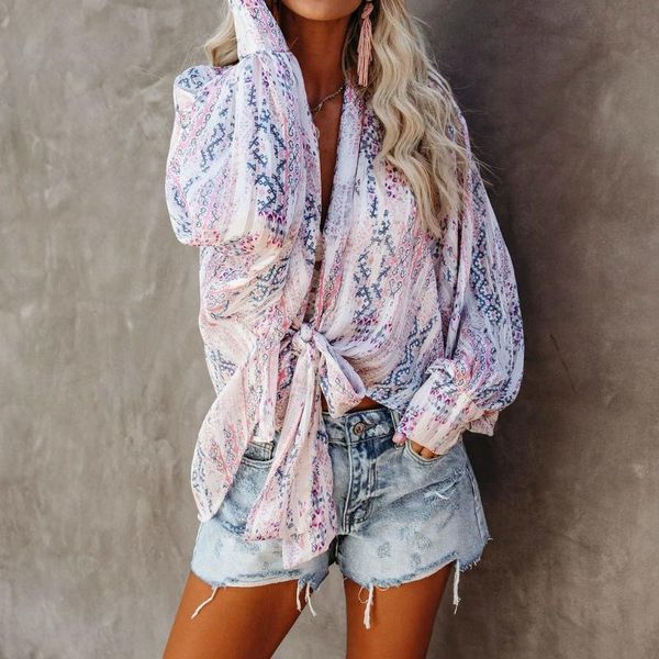 

2020 pink bohemian printeddeep v-neck long sleeve plus size tunic women and blouses shirts blusas mujer de moda a398, White