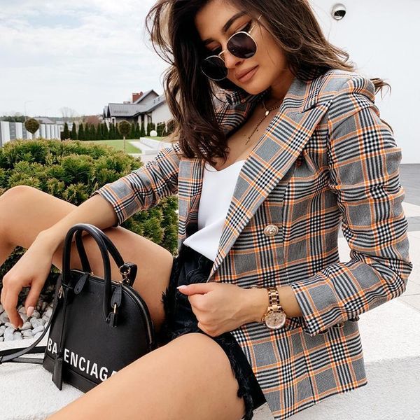 

women plaid blazer double breasted pockets jacket 2020 office ladies blazer notched collar female slim coat talever1, White;black