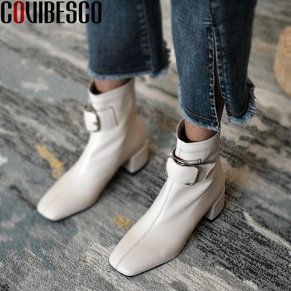 

boots covibesco autumn winter concise women ankle buckle shoes woman genuine leather elegant office lady back zipper, Black