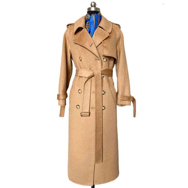 

women's wool & blends spring autumn women coats real fur trench female fashion cashmere outerwear long belt s8755 zrcm, Black