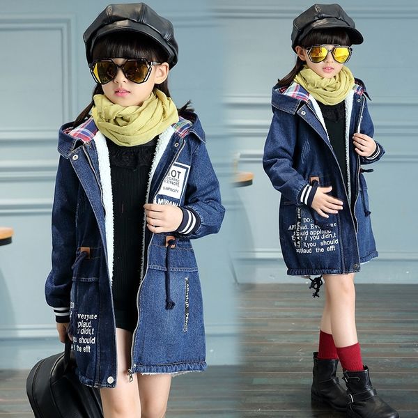 

new winter girls children denim jackets long warm clothing kids plus thick velvet jacket cotton hooded outwear for girl y200901, Blue;gray