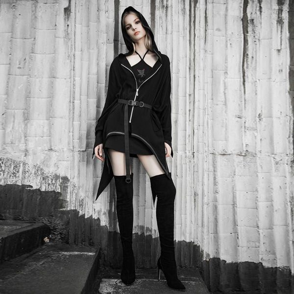 

punkrave women's punk spire cap rregular hem cardigan jacket personality loose a type hoodoed cotton daily coat1, Black