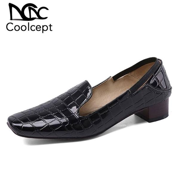 

coolcept plus 34-43 women pumps spring leather pattern shoes women daily casual square heel slip on shallow female footwear, Black