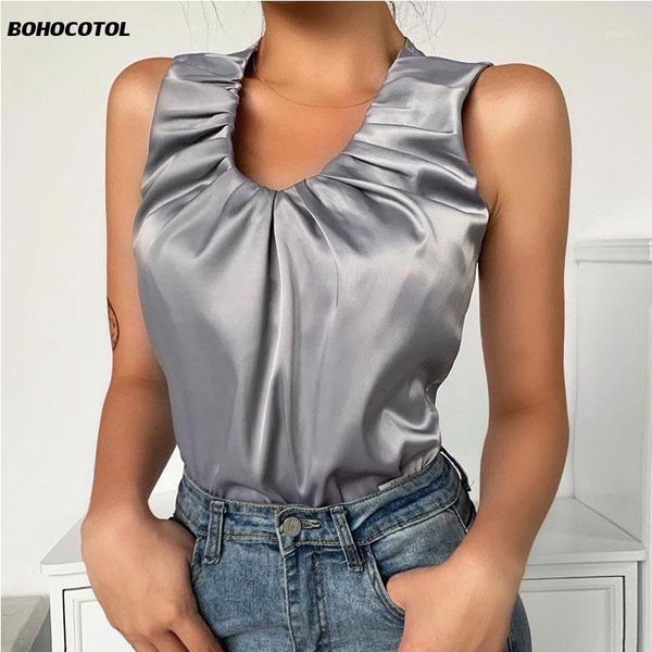 

2020 new summer solid color slim vest women's pleated u-neck satin slim shirt women1, White