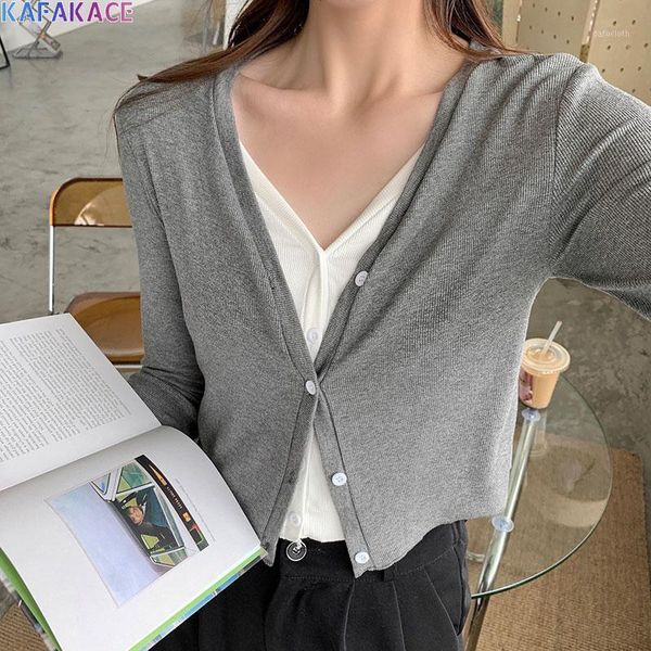 

kafakace 2020 women sweater knitting base shirt &tees v-neck cardigan lady home casual show thin sweaters buttons women 1, White