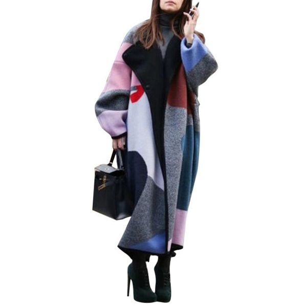 

winter coat women wide lapel digital printing wool blend coat oversize long trench colorful outwear wool women, Black
