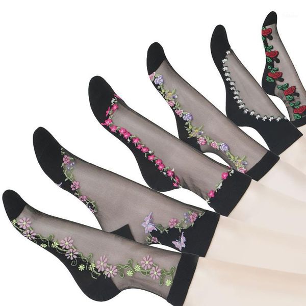 

women's embroidery flowers socks 2019 new summer ladies girl's transparent lace mesh floral socks hosiery gauze sock for work1, Black;white