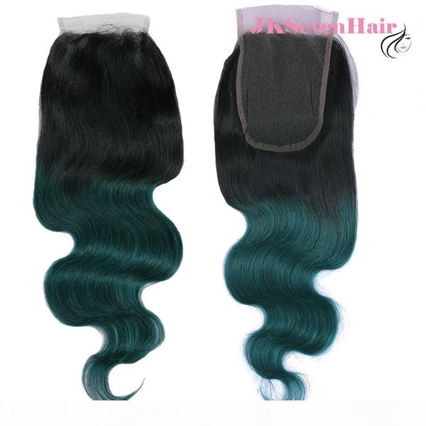 

1b dark green body wave indian remy human hair 4x4inch lace closure dark root dark green malaysian peruvian brazilian part closure, Black