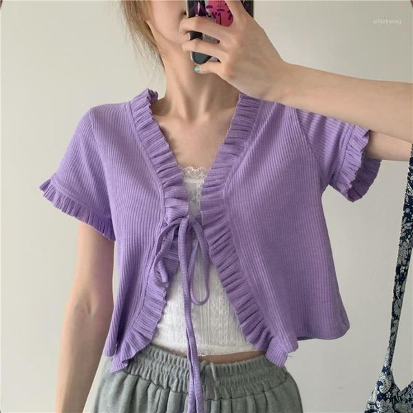 

2020 summer women's lace purple cardigan lace up front fashion cardigan short sleeve1, White