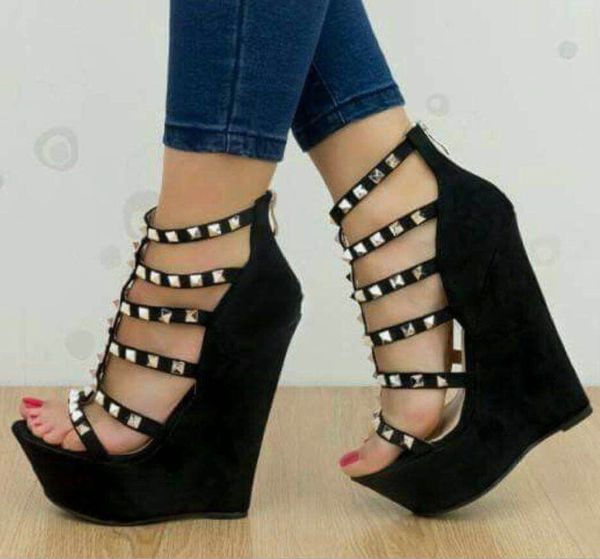 

new style women's shoes european and american roman style rivet hollow wedge suede high heel sandals zga60-39, Black