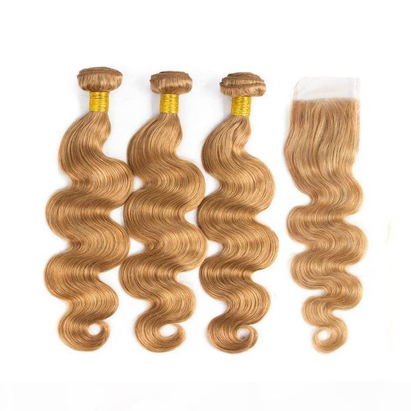 

honey blonde body wave curly human hair bundles with closure 3 bundles hair color #27 unprocessed brazilian hair bundles with lace closure, Black;brown