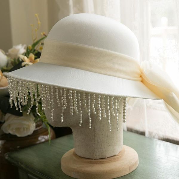 Stingy Brim Shats Hepburn Style French Pearls Fears Wedding Bridal Hat White Po головная одежда