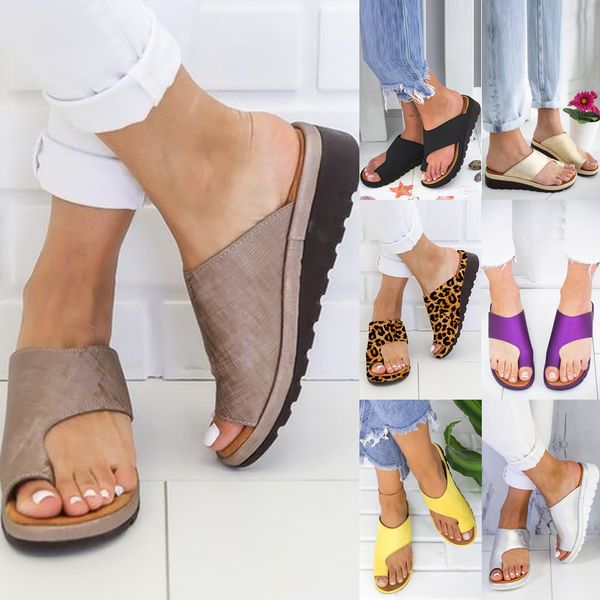 

women sandals comfy platform flat sole slippers women pu leather shoes casual soft big toe sandals orthopedic bunion corrector t200529, Black