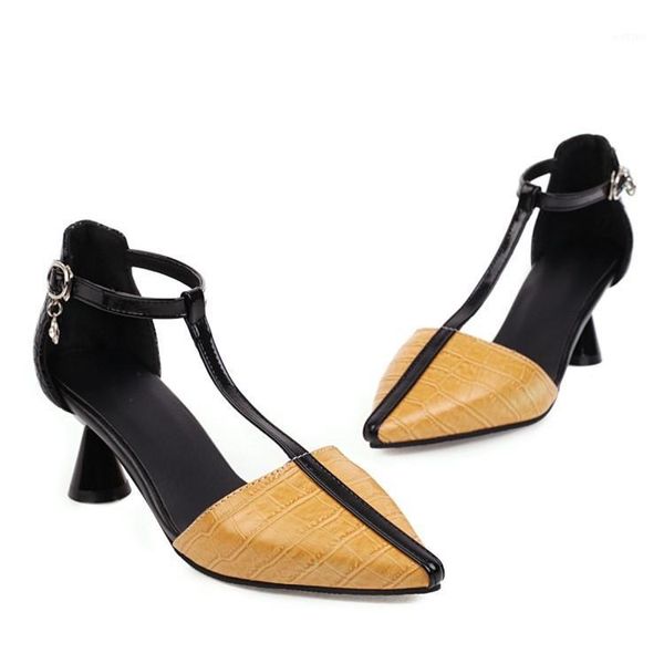 

pointed t-strap woman pumps spring summer tapered women shoes high heel hollow out ladies shoes 2020 new yellow large size1, Black