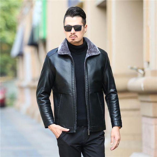 

men's fur & faux genuine leather coat for men sheepskin hooded jacket winter jackets 1, Black