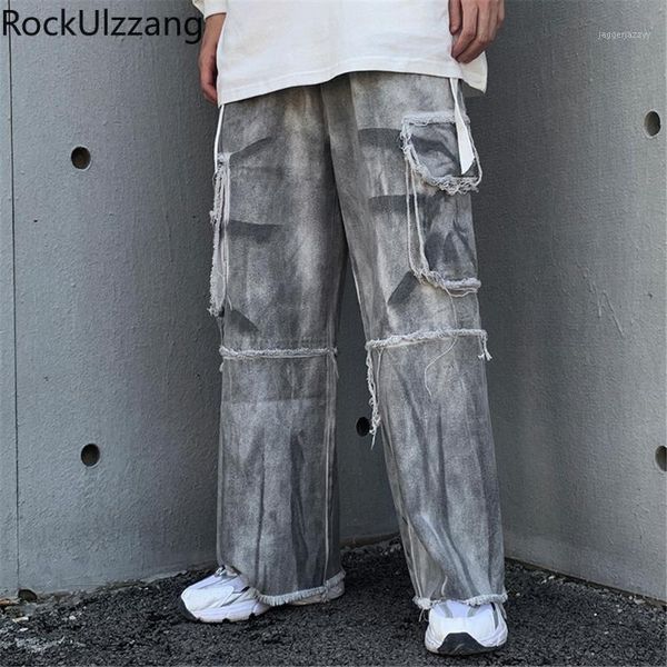 

men's jeans contrast ripped pocket tie dye print denim pant streetwear hip hop tracksuit vintage punk japanese men fashion plus size1, Blue