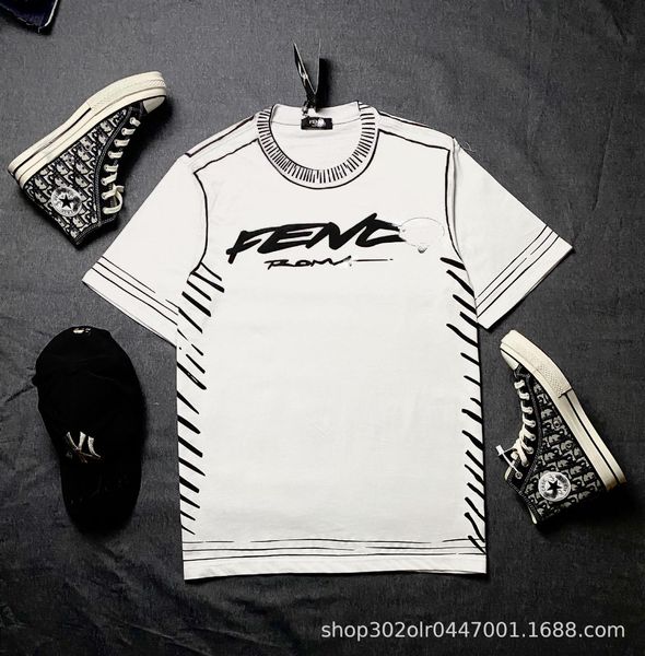 

you li fd points home spring and summer california sky hand painted lines graffiti fashion star round neck cotton t-shirt