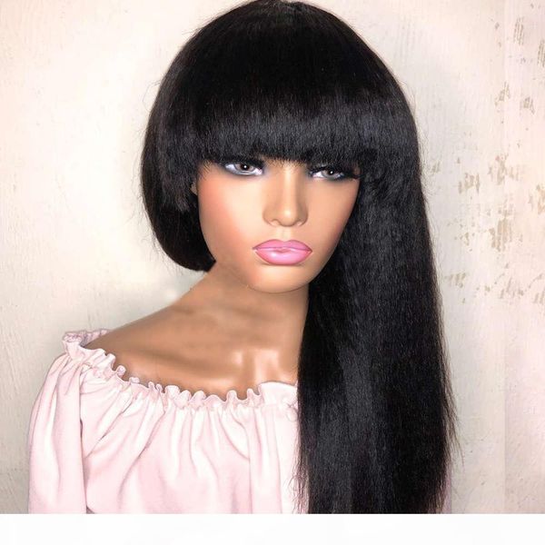 

glueless fringe 13x1 lace t part wig 150% kinky straight with bangs human wigs for women remy black knot brazilian hair, Black;brown