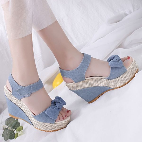 

2019 new designer denim sandals women sandals wedges high heels peep-toe platform shoes woman thick bottom sandals y200702, Black