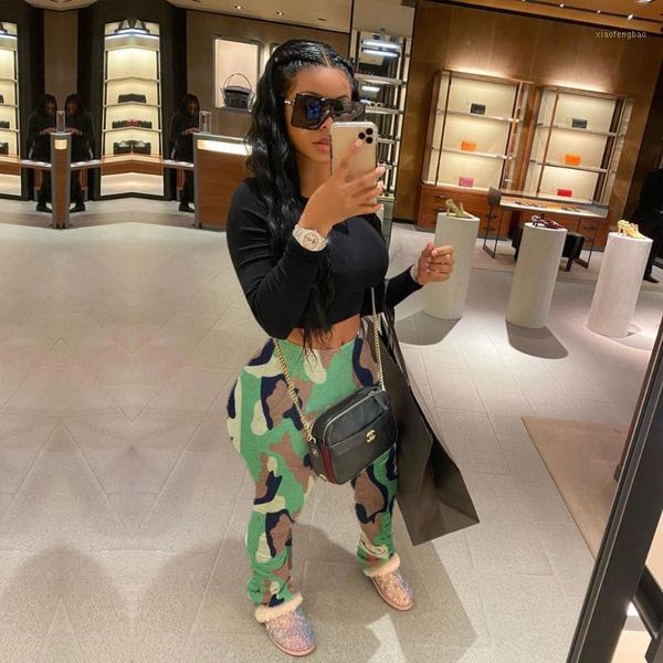 

tmustobe camouflage printed buttocks women's pants pleated elastic stacking mid-waist flared pants casual fashion trousers1, Black;white