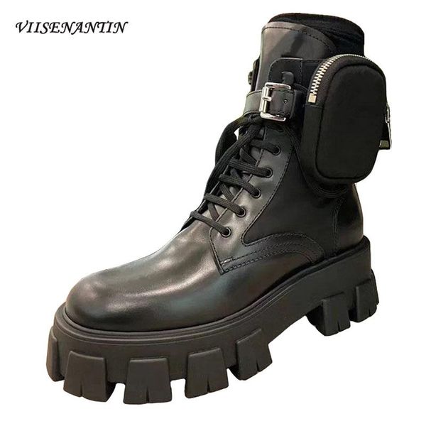 

new fashion women ankle motorcycle boots round toe square heel winter lace-up shoes zapatos para mujer fashion pocket boots, Black