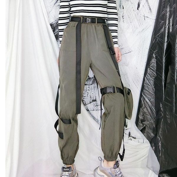 

xuxi korea style buckle ribbon overalls trend hip hop women pants streetwear loose pocket sweatpants wild women clothes fz05991, Black;white