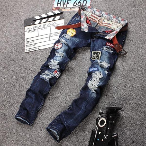 

wholesale- rock denim ripped jeans pants men, skinny jeans, vintage hole patchwork printed jeans trousers plus size fs54061, Blue