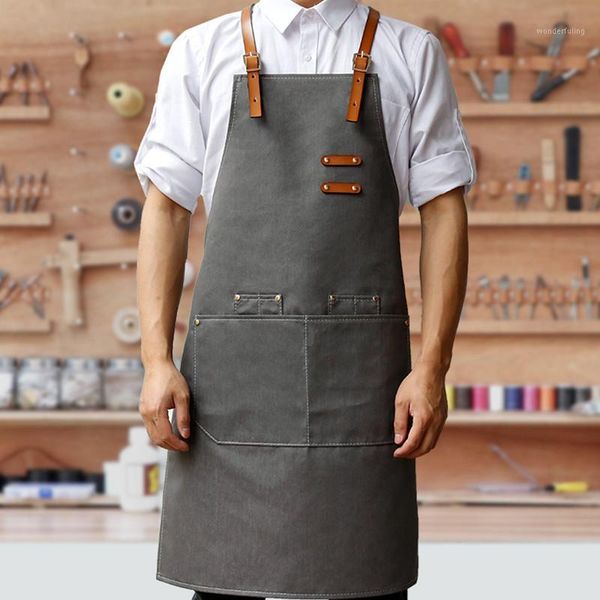 

gray denim apron cowhide leather strap barista mixologist pastry chef uniform barber hairdresser florist artist work wear b821