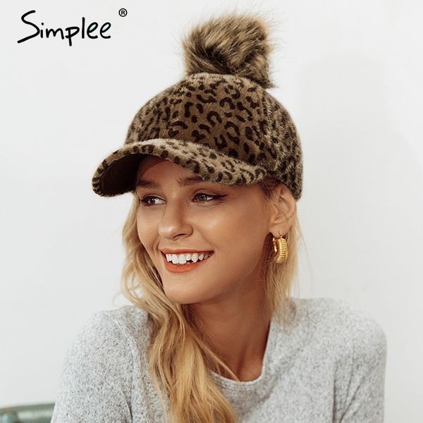 

simplee leopard winter female hat for women faux fur hair ball cap adjustable casual streetwear warm snapback hat cap y200714, Blue;gray