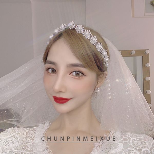

new bride pearl band headdress earring set super fairy simple crown hair ornament wedding dress accessories, Silver