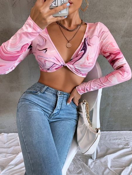 

marble print twisted crop tee s9ej#, White