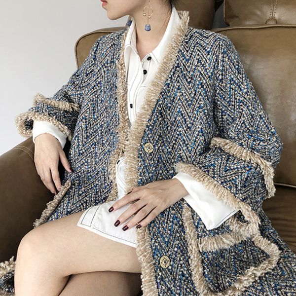 

lanmrem tassel elegant fashion v-neck fashion blue coat for women 2020 korean style new loose long popular woolen coat 2a1177x1020, Black