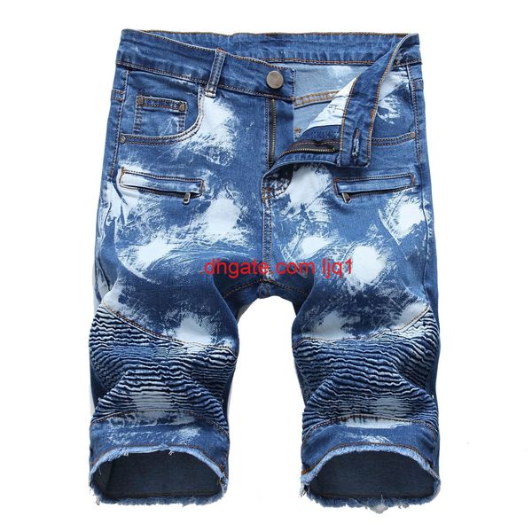 

new men's denim shorts summer slim straight elastic zipper locomotive pant 5 / 5, Blue